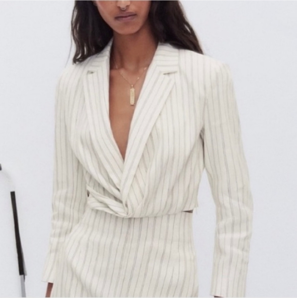 ZARA Womens Long Sleeves Linen Blend Short Cropped Blazer Jacket Size XS